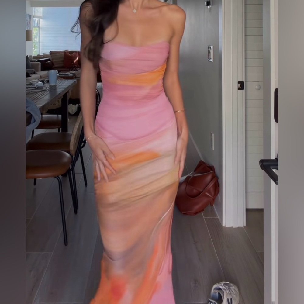 Retrofete Strapless Gradient Pink and Orange Maxi Dress
